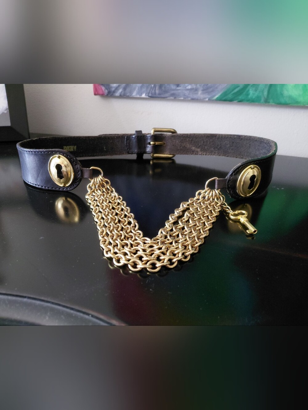 Vintage DKNY Gold Multi Strand Black Leather Belt